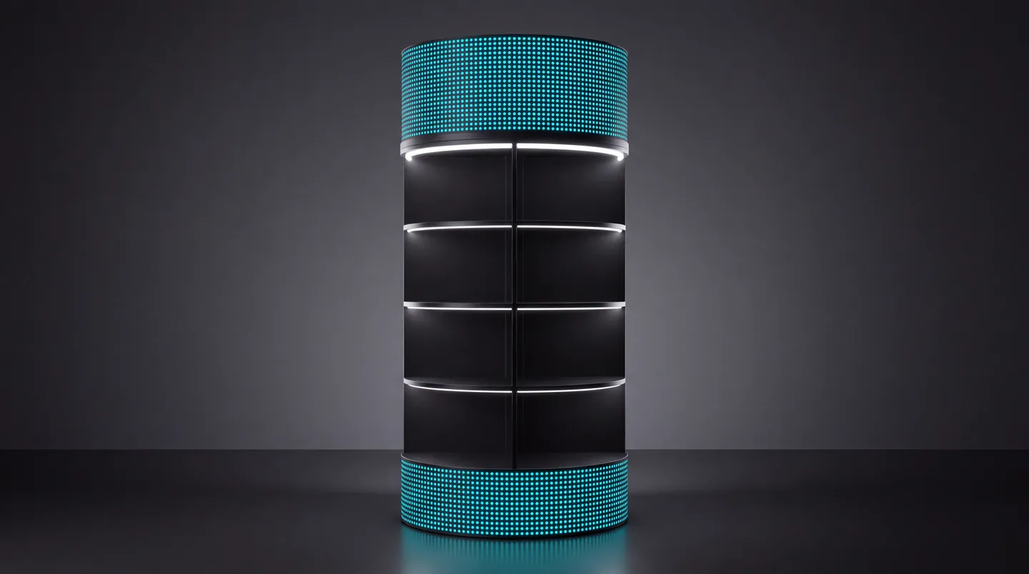 Halo 180 Halo unit in a dark studio, LED bands and shelf strips lit