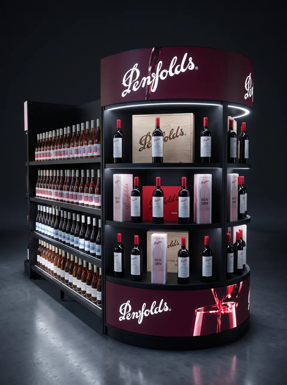 Halo 180 · Integrated shelf run · wine