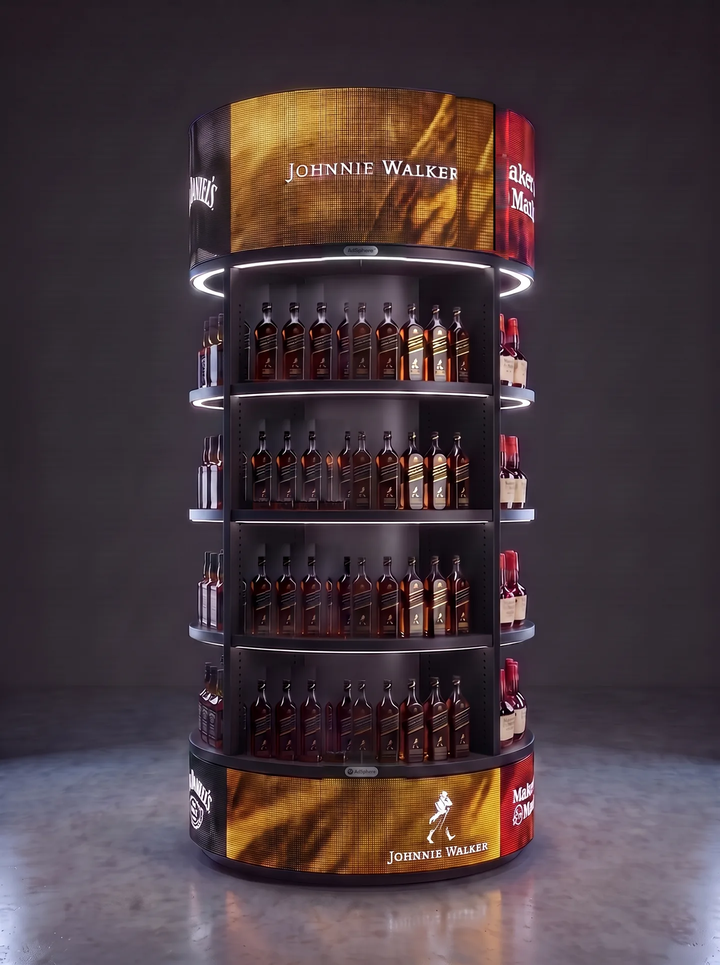 Halo 360 tower running three different whisky brands on separate quadrants, each with its own bottles on the shelves beneath