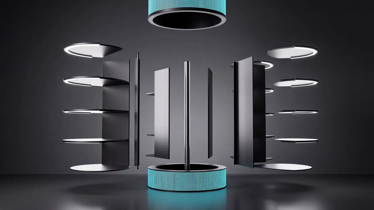 Exploded view of the Halo 360 showing LED bands, shelves, quadrant backs and base